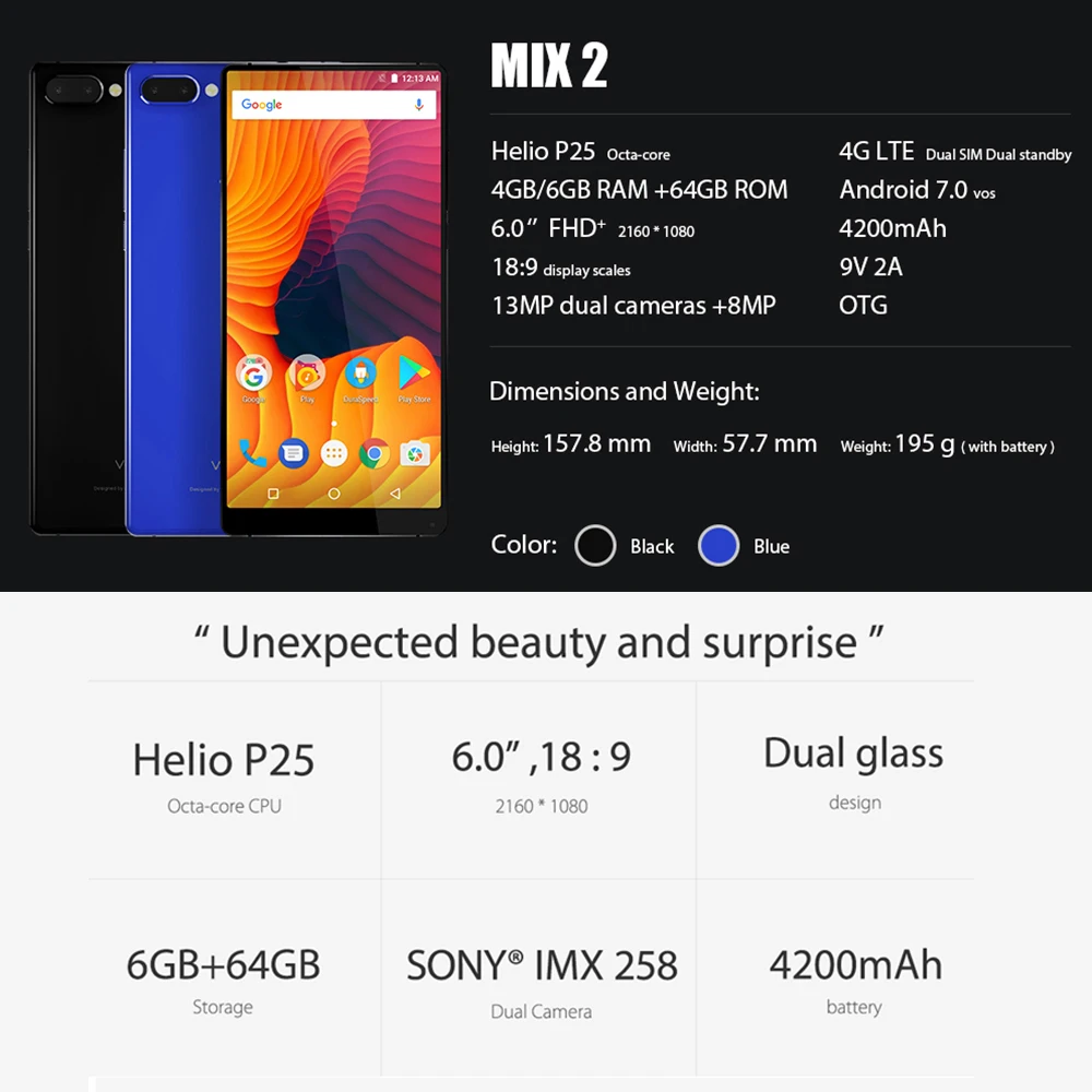 6," Vernee MIX 2 6GB+64GB 18:9 мобильный телефон FHD+ 2160*1080 пикселей восьмиядерный отпечаток пальца 13MP+ 5MP/8MP камера 4200 мАч смартфон