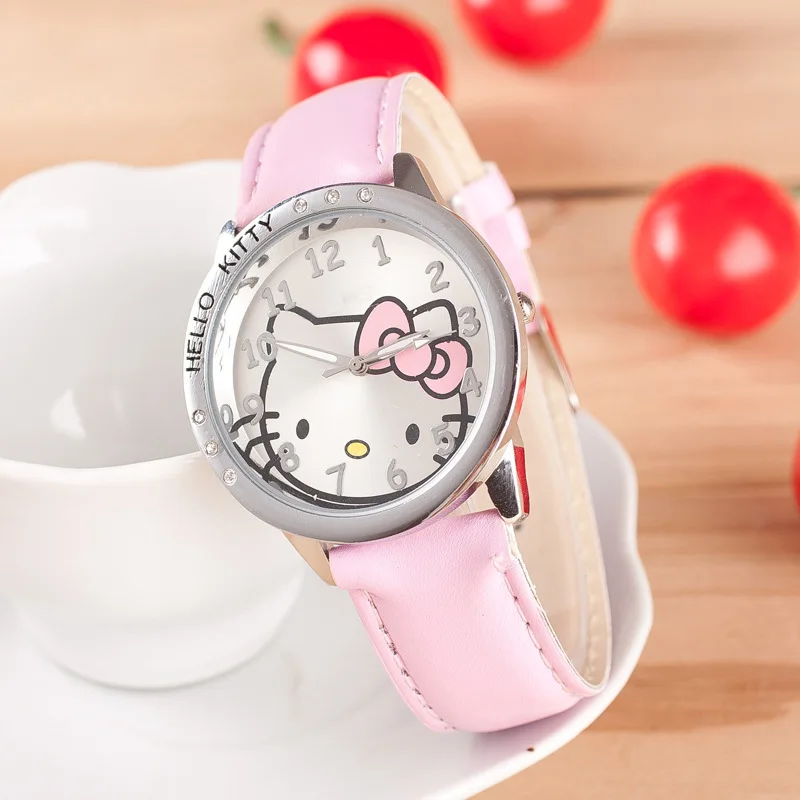 Новые детские часы hello kitty для девочек, кварцевые детские часы с кожаным ремешком, детские часы для девочек с героями мультфильмов, Feminino Relojes Relogio - Цвет: Розовый