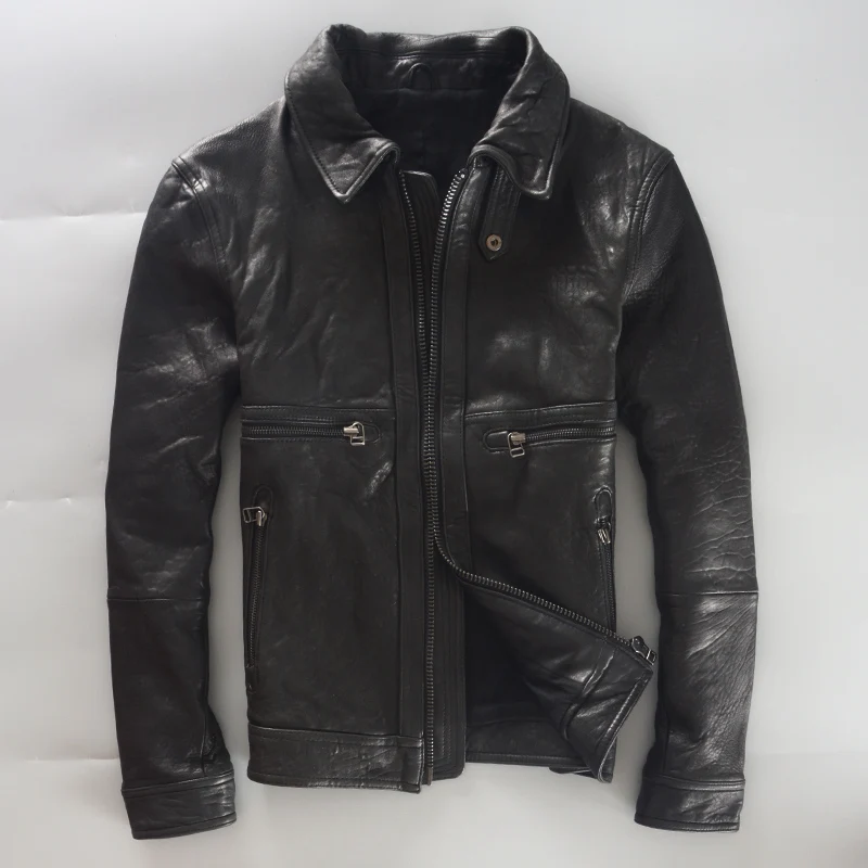 Hight quality slim fit genuine leather jacket men black New Zealand