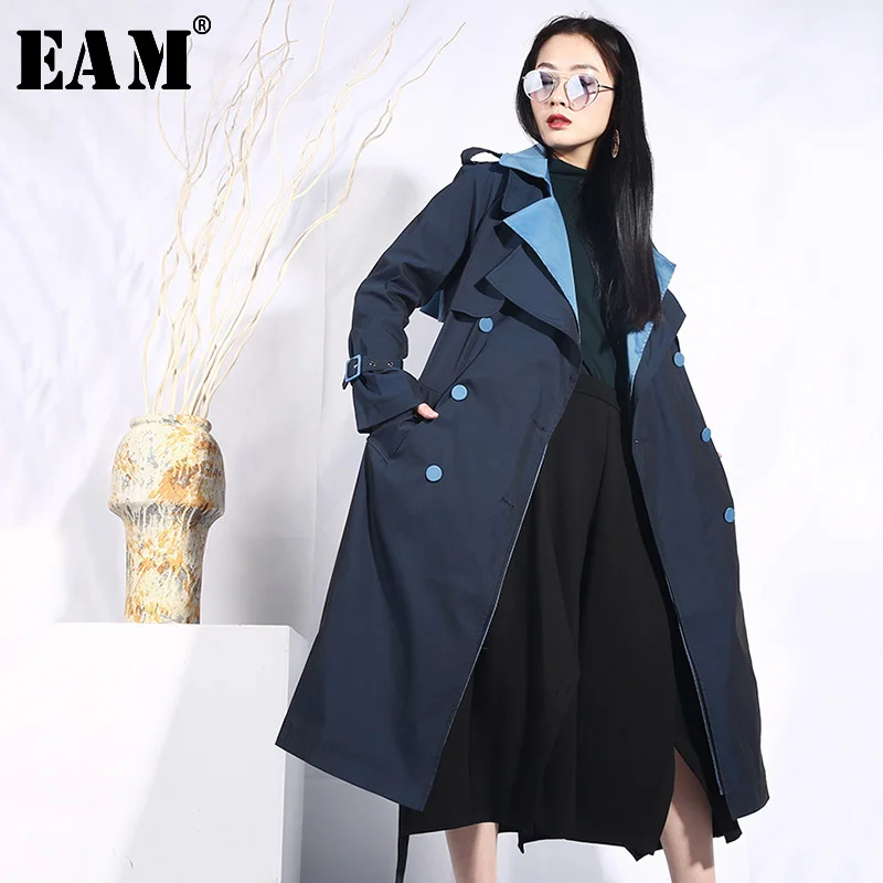 

[EAM] 2019 New Autumn Lapel Long Sleeve Blue Hit Color Loose Long Belt Bouble Breasted Windbreaker Women Trench Fashion JO553
