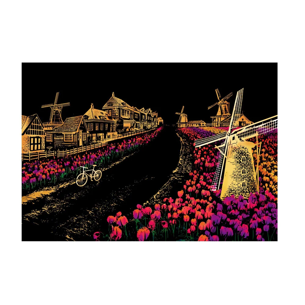 Ночная Картина с царапинами, картина с черным покрытием, художественная картина с изображением города, ночная сцена, бумага для рисования, подарок для обучения детей - Цвет: Holland Windmill