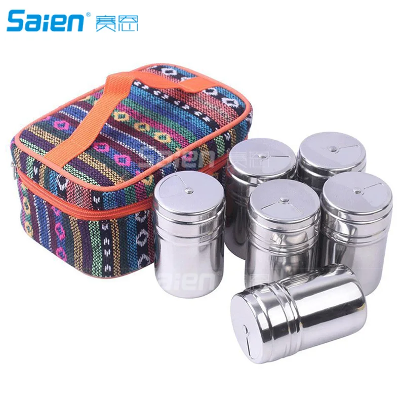 

Portable Stainless Steel Spice Shaker Seasoning Dispenser 6 Pc Set with Rotating Lids and Travel Bag| Spice Jars Salt and Pepper