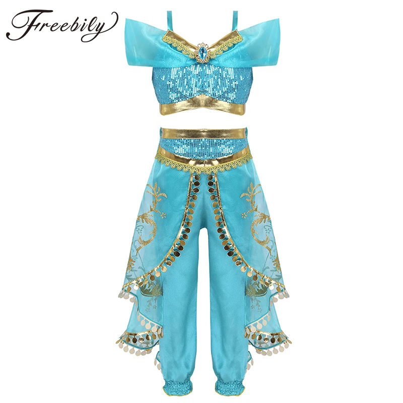 Skup Dla dzieci dziewczyny księżniczka błyszczące cekiny Rhinestone kostium Off ramię Crop Top z spodnie Halloween Cosplay sukienka na imprezę w górę