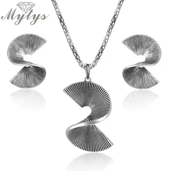 

Mytys Geometric Punk Jewelry Sets Antique Retro Old Silver Design Twisted Wrap Metallic Necklace Earrings Sets CN383 CE424