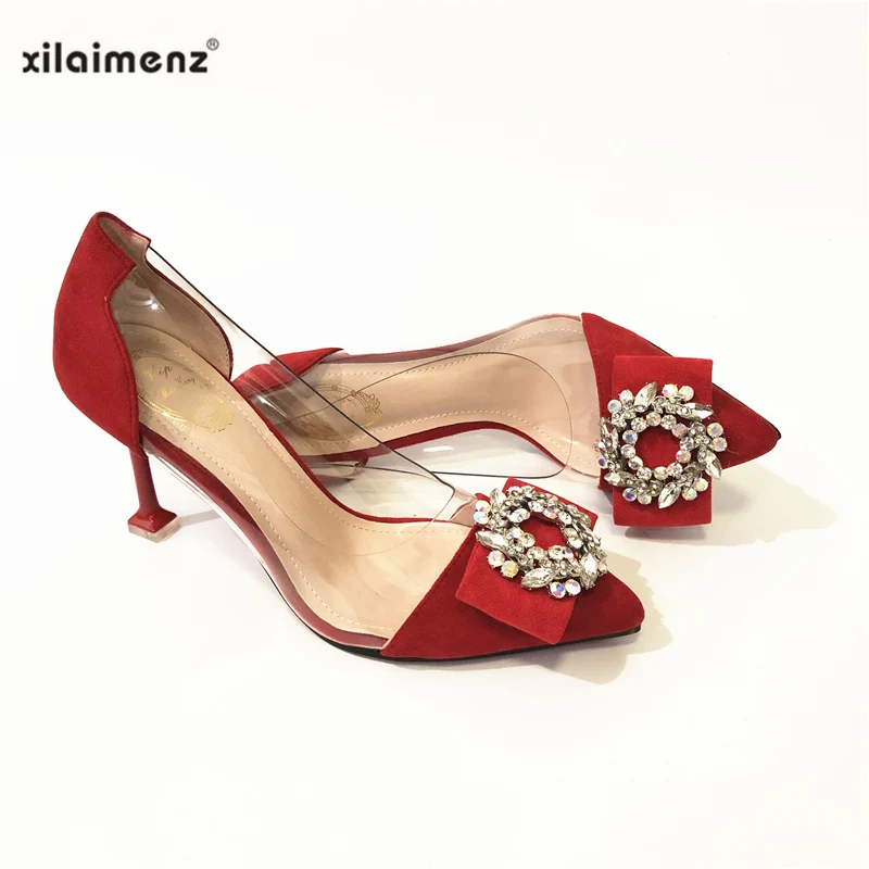 

Red Color Crystal Pointed Toe Wedding Shoes Women's Pumps Fashion Transparent High Heels Shoes for Women