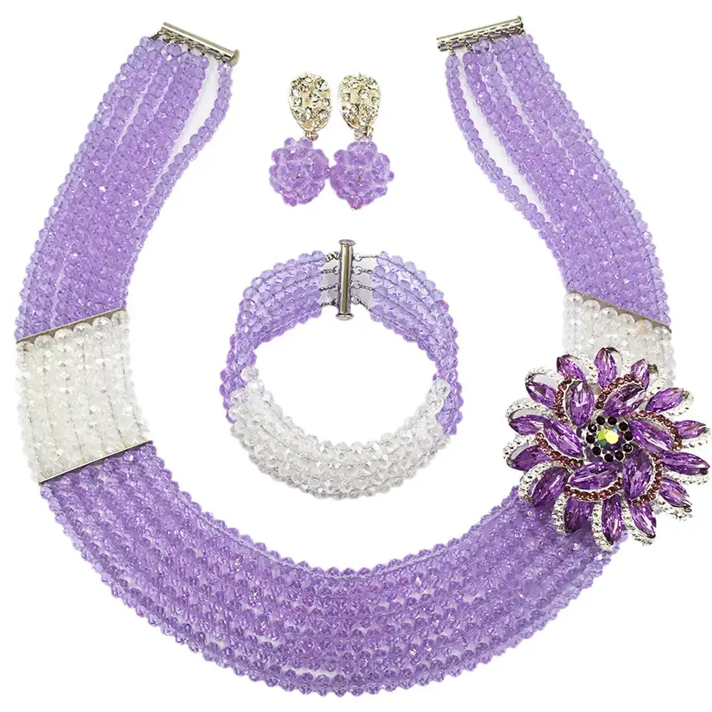 Fashion Lilac Clear AB Bead Multi Strands Necklace Nigerian Wedding African Beads Jewelry Set Crystal 6-SS27 | Украшения и