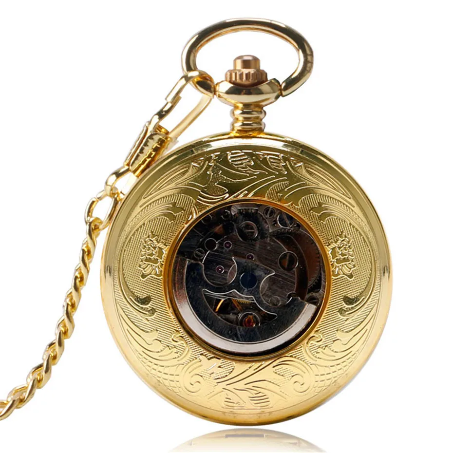 Luxury Golden Shield Automatic Mechanical Skeleton Retro Roman Numberal Pocketwatch Pendant Chain Analog Self Wind Watches  (7)