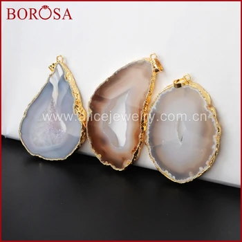 

BOROSA Gold Color Natural Onyx Crystal Druzy Geode Slice Pendant Bead G1063