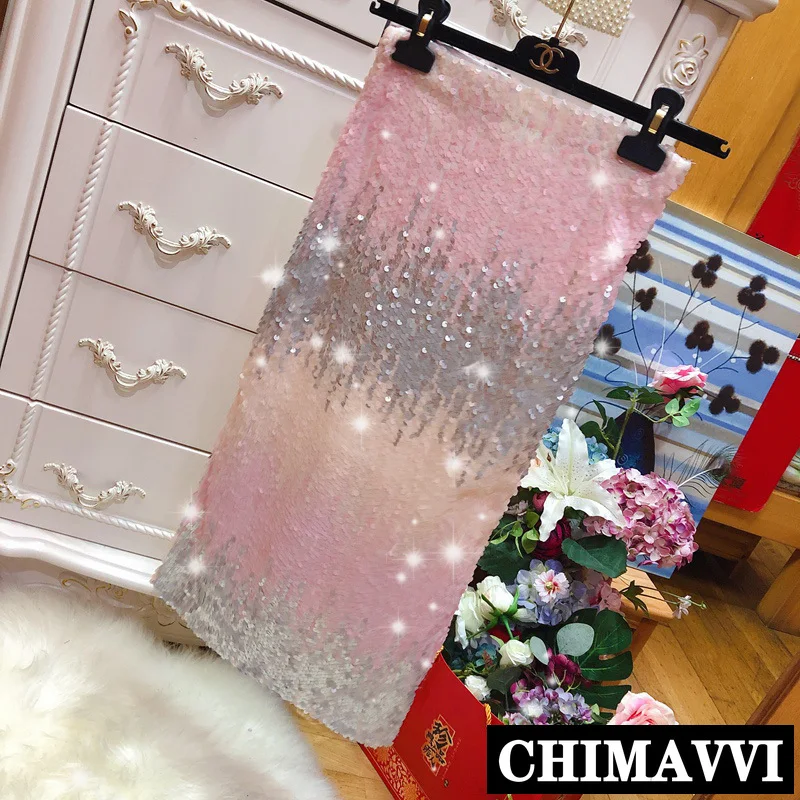 

2019 New Woman Sequins Pink Gradient Slim Hip Skirt with Sling Tops Female Sexy High Waist Bright Shiny Split Mid-long Skirt