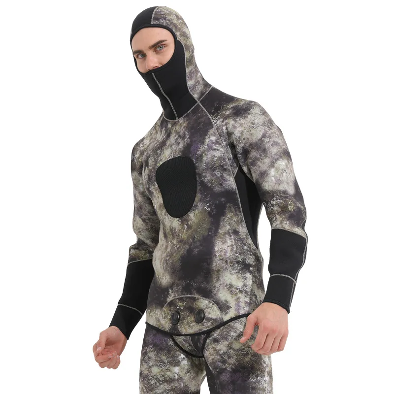 

SBART New Men 5mm Neoprene Elastic Spear Fishing Scuba Diving Fishermen Snorkeling Wetsuit Winter Warm Two-Piece Suit with hood