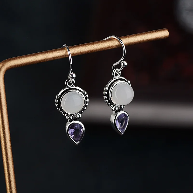 

European and American handmade S925 plated retro marcasite moonstone earrings exaggerated drop pear-shaped stone