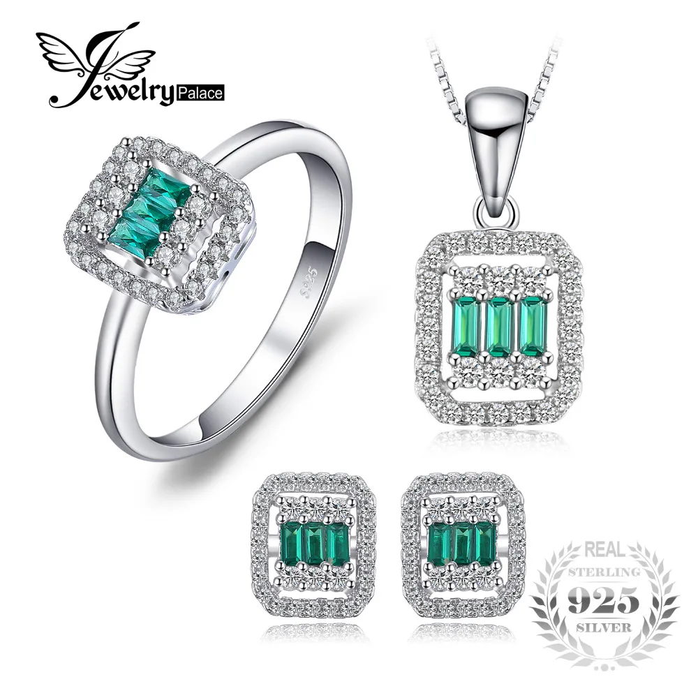 

JewelryPalace 1.4ct Square Nano Russian Simulated Emerald Ring Stud Earrings Pendant Necklace Jewelry Sets 925 Sterling Silver
