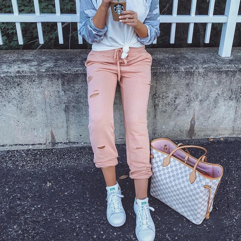 

Fashion Harajuku Pink Lace Up Hole Harem Pants Straight Trousers Women Clothes Ankle-Length Elastic Waist Casual Streetwear