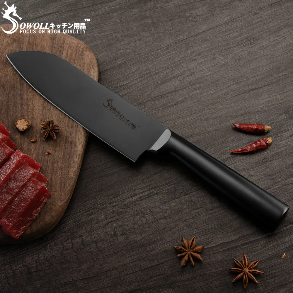 SOWOLL разделочный нож Santoku Nakiri, набор кухонных ножей из нержавеющей стали 3Cr13 с черным лезвием, кухонные принадлежности