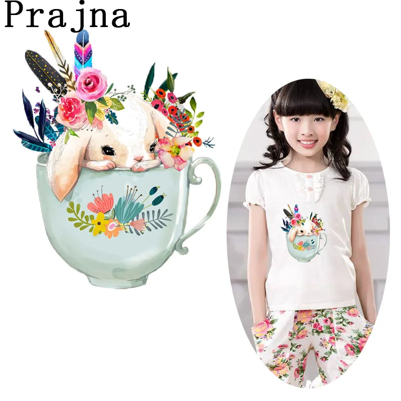 

Prajna Rabbit Cup Transfer Patch Iron on clothing Printed Cartoon Cute Animal Sticker Of Cloth DIY Heat Transfer Applique cloth