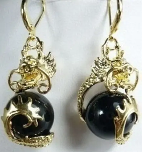

Charming 14mm Black Jade Dragon earring
