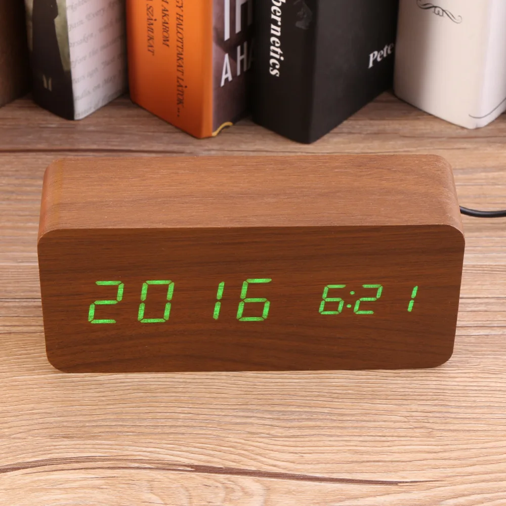 Wooden LED USB Alarm Clock Sounds Control Temperature LED Display