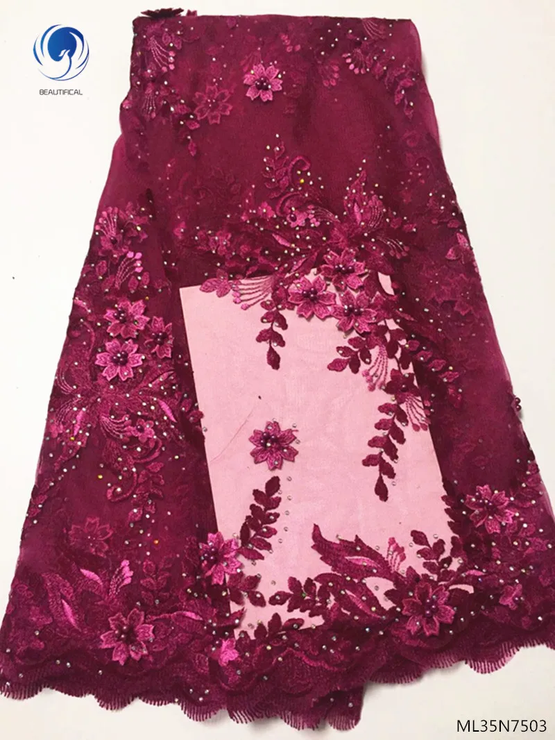 

Beautifical french lace fabrics 2019 high quality laces dress with rhinestones and beads for women dress 5yards/lot ML35N75