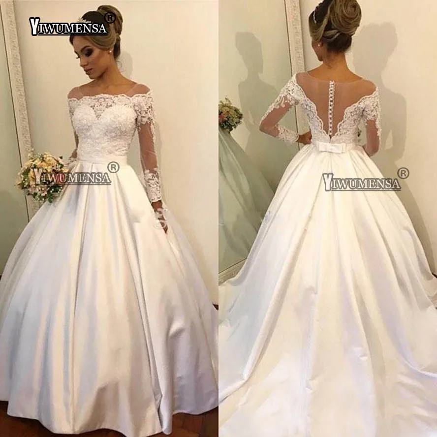 

yiwumensa Robe Mariee Plus Size Wedding Dress Satin White/Ivory Wedding Gown Custom Made Applique Bridal Dress vestidos de novia