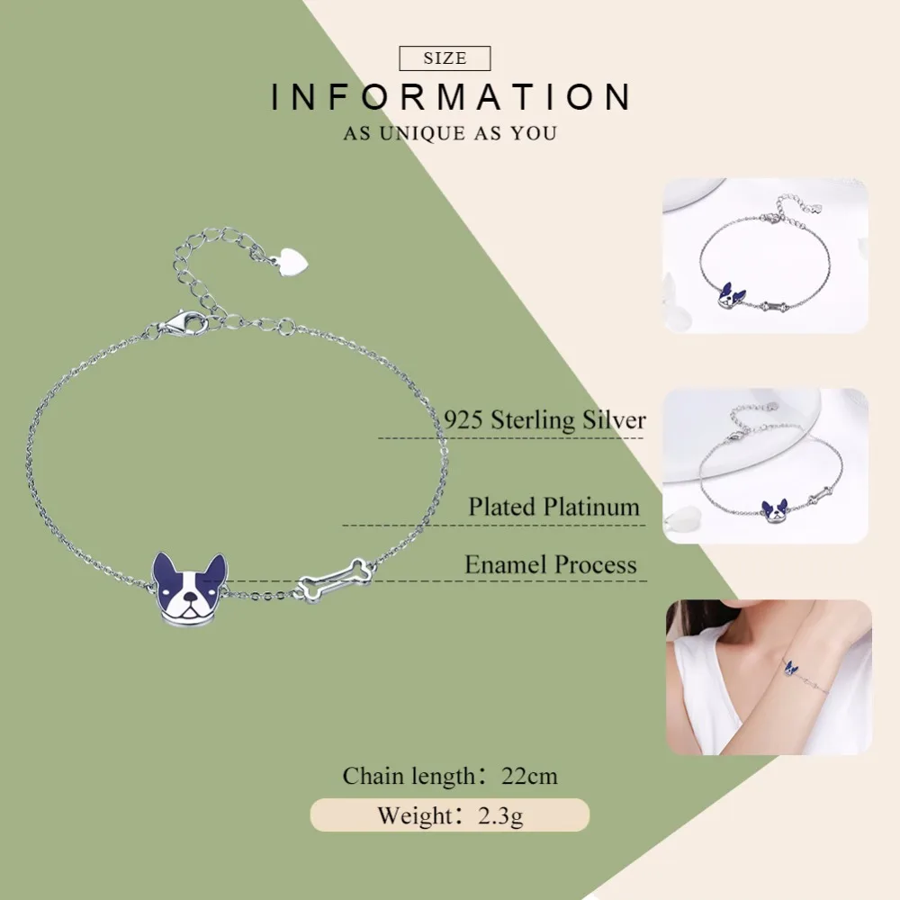 Tanie BAMOER gorąca sprzedaż 100% 925 Sterling Silver buldog francuski i pies kości Lobster Chain Link kobiety bransoletka biżuteria srebrna SCB064