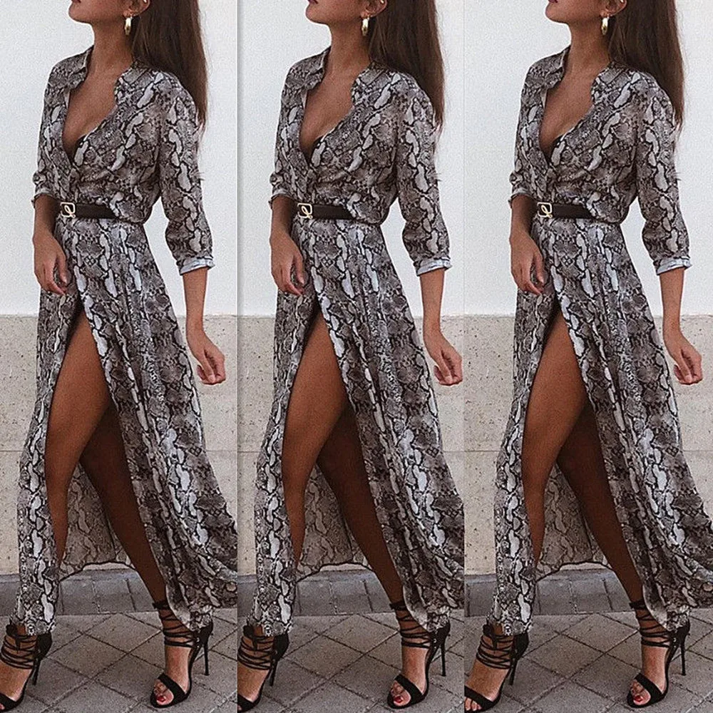

Women Snake Skin Print Ladies Split Holiday Beach Party Dress 401#