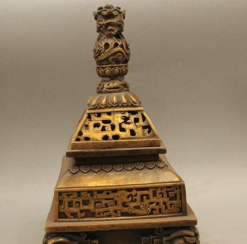 

11"Marked China Chinese Bronze Dragon Pagoda Incense Burner Censer Statue