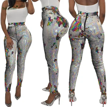 

Women Sexy High Waist Sequin Bodycon Pencil Pants Streetwear Night Party Club Blue Black Sliver Legging Pantalones Plus Size 3XL