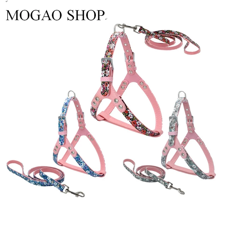Floral Pattern PU Pet Tractor Belt Set Leather Tanker Harness Dog
