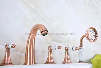 

Antique Red Copper 5pcs Bathroom Tub Sink Faucet with Hand Shower Deck Mounted 5 Holes Three Ceramic Handles Ntf207