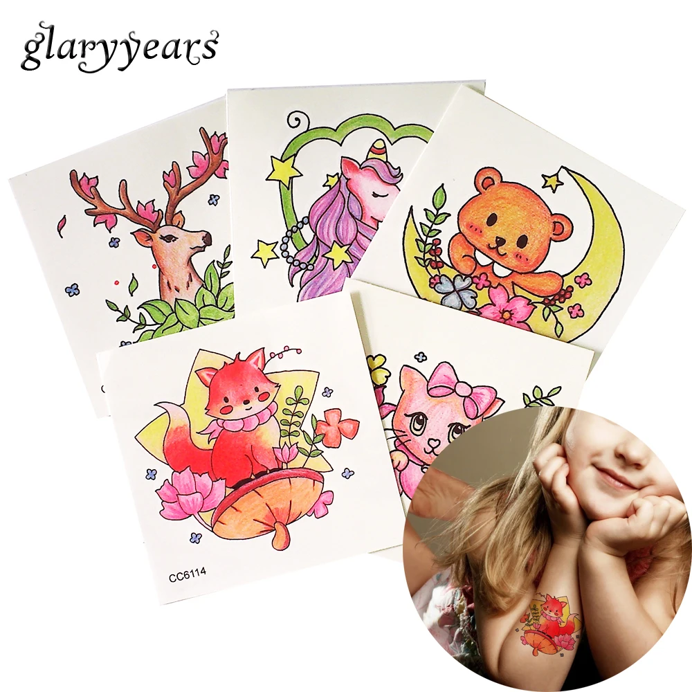 5 шт./компл. Детские татуировки glaryyears 6*6 см милая мультяшная кошка лиса быстрая