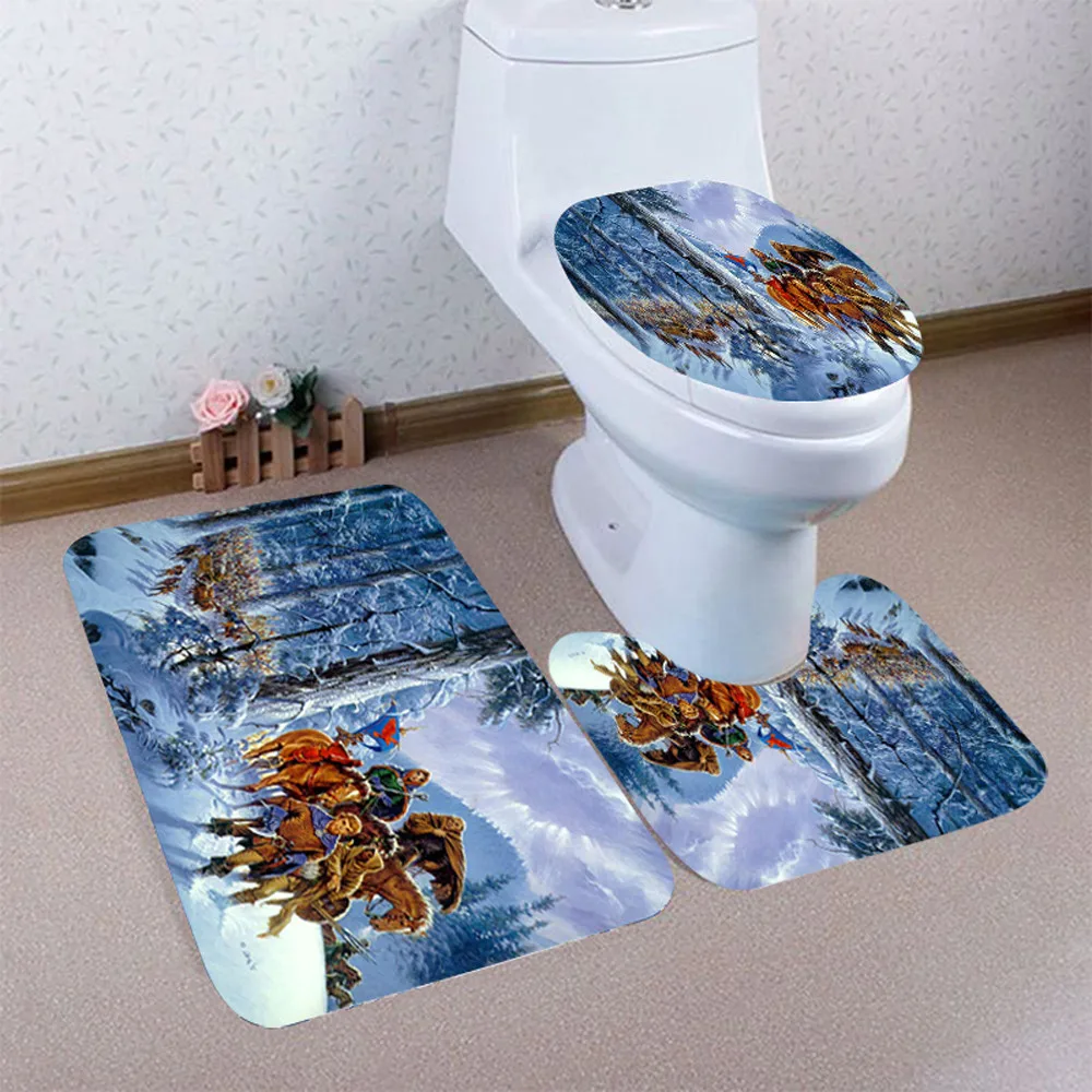 

3PCS Christmas Bathroom Non-Slip Pedestal Rug + Lid Toilet Cover + Bath Mat Set wc toilet seat cover siege de toilette wc
