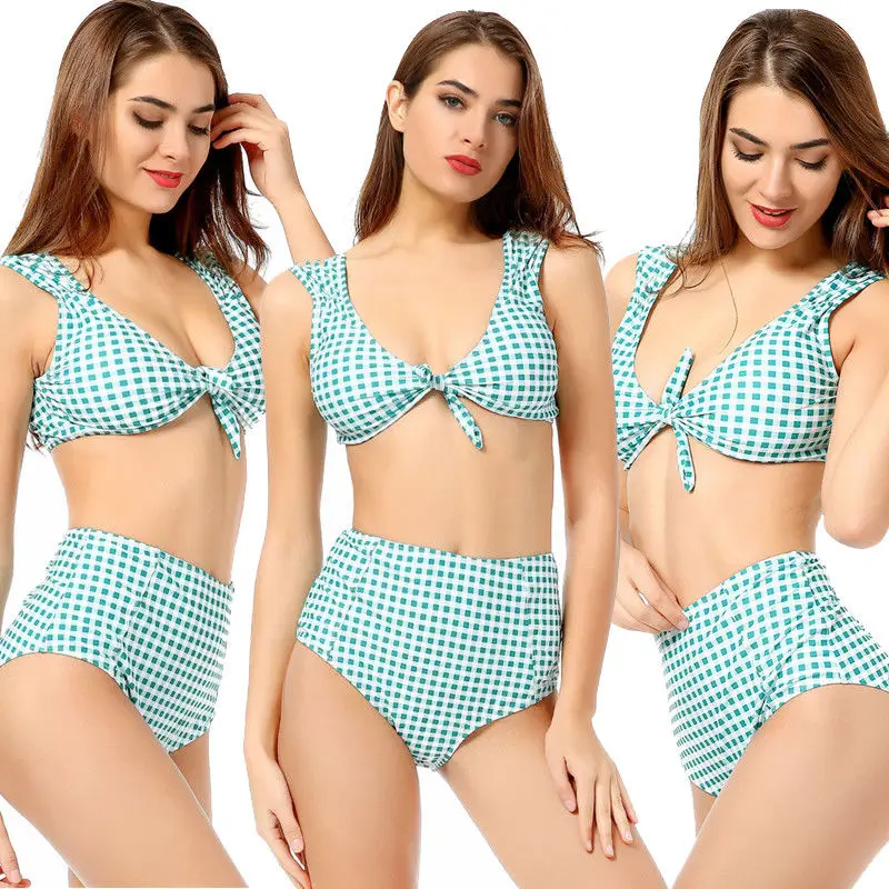Binikis Set 2018 Summer New Plaid Bandage Bikinis Women Swimwear High Waist Swimsuits Push-Up Padded Bra Beachwear Bathing Suits | Женская
