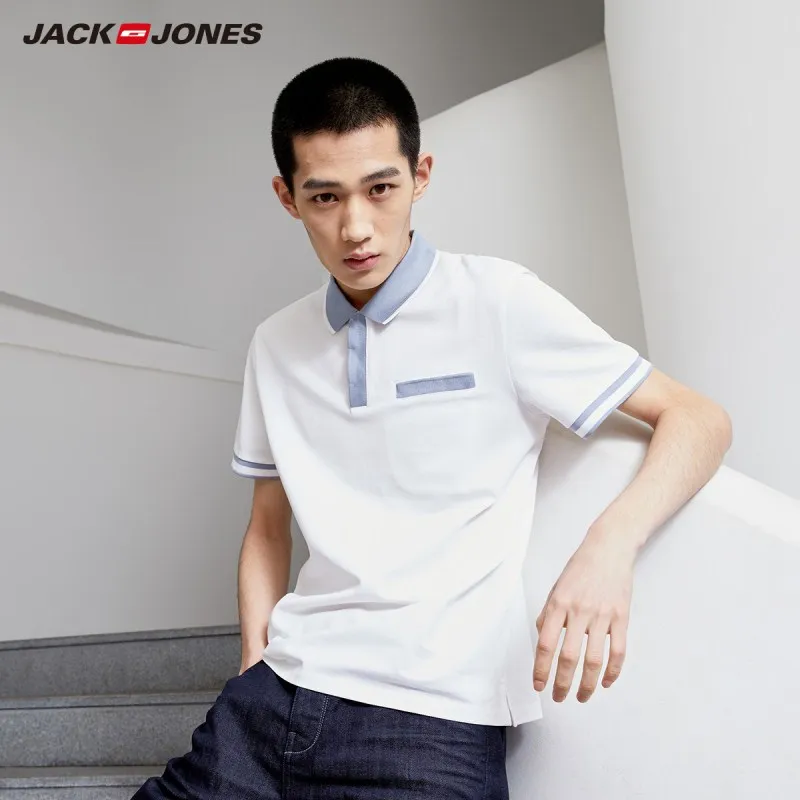 Jack Jones мужская хлопковая рубашка-поло с контрастным отложным воротником прямого кроя с короткими рукавами 219206502 - Цвет: BRIGHT WHITE