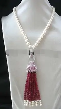 

freshwater pearl white round 9-10mm &red leopard necklace 18"