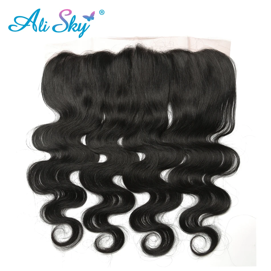 [Ali Sky]Peruvian Body Wave Hair Lace FrontalClosure 13*4 Free Part 100% Human Hair Shipping Free natural black 1b can be curled body-wave-with-frontal