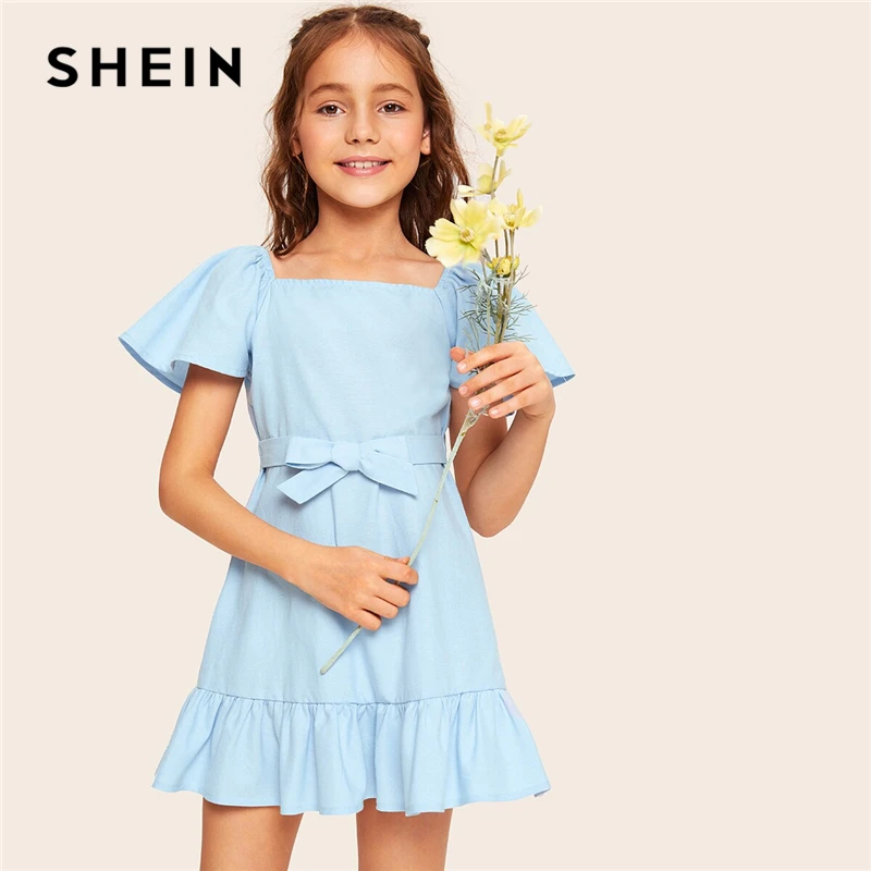 

SHEIN Kiddie Blue Solid Square Neck Ruffle Hem Girls Cute Dress With Belt 2019 Summer Flounce Sleeve Short Teenagers Dresses