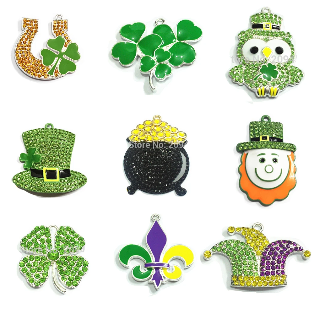( Choose Design First ) 10pcs/bag Zinc Alloy Rhinestone/Enamel Clover hat,Clown hat,Bam,Owl Pendant For St. Patrick Day Making