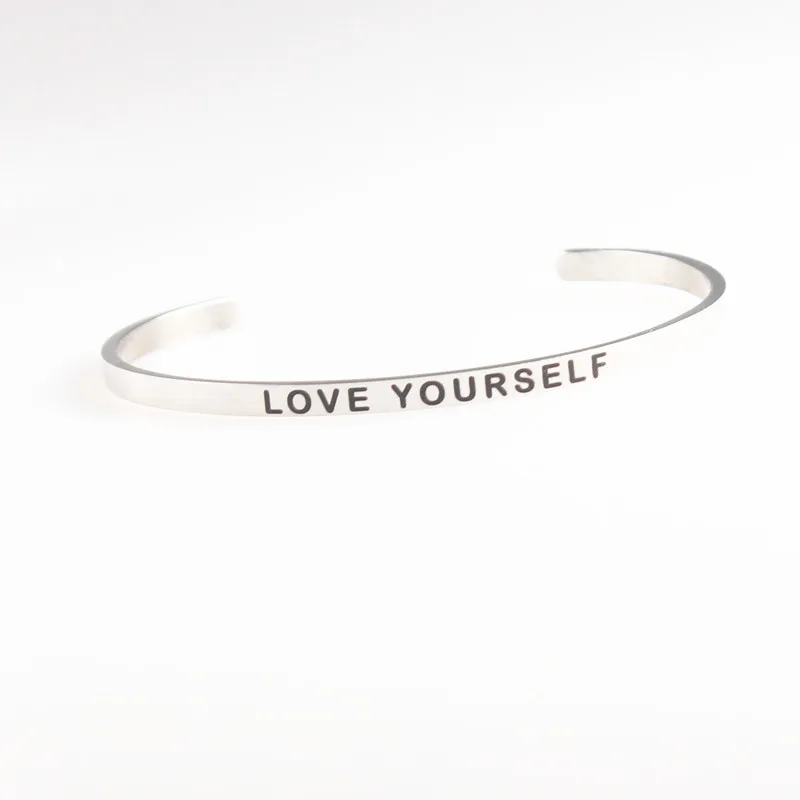 Серебряный 316L нержавеющая сталь манжета браслет гравировка &quotLOVE YOURSELF&quot