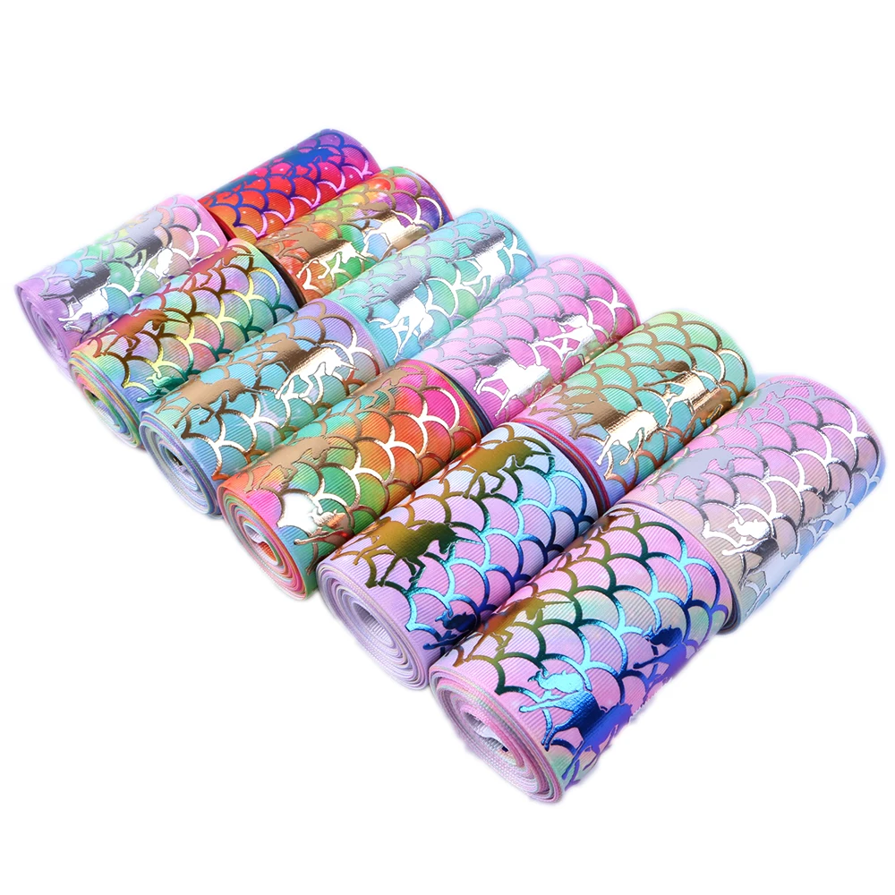 

David accessories 3"75mm Gold Foil Fish scales Horse Grosgrain Ribbon 50 yards,DIY Hairbow Handmade Materials,Gift Wrap,50Yc5403