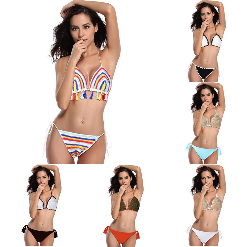 

New Handmade Crochet Bikini Women Swimsuit Fringe Tassel Swimwear S-L Girl Sexy knitting Bathing Suit Micro Thong Bikini Set