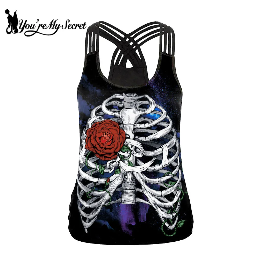 

[You're My Secret] 2019 Summer Sling Top For Women 3D Printing Skeleton Tank Tops Elastic Backless Sleeveless Streetwear Vest