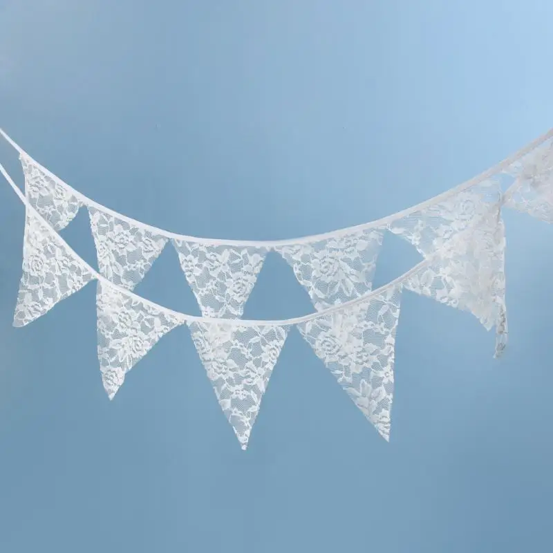

12 Flags 3.2m White Lace Flag Banner with Flower Cotton Fabric Bunting Pennant Garland Wedding Decoration Party Supplies