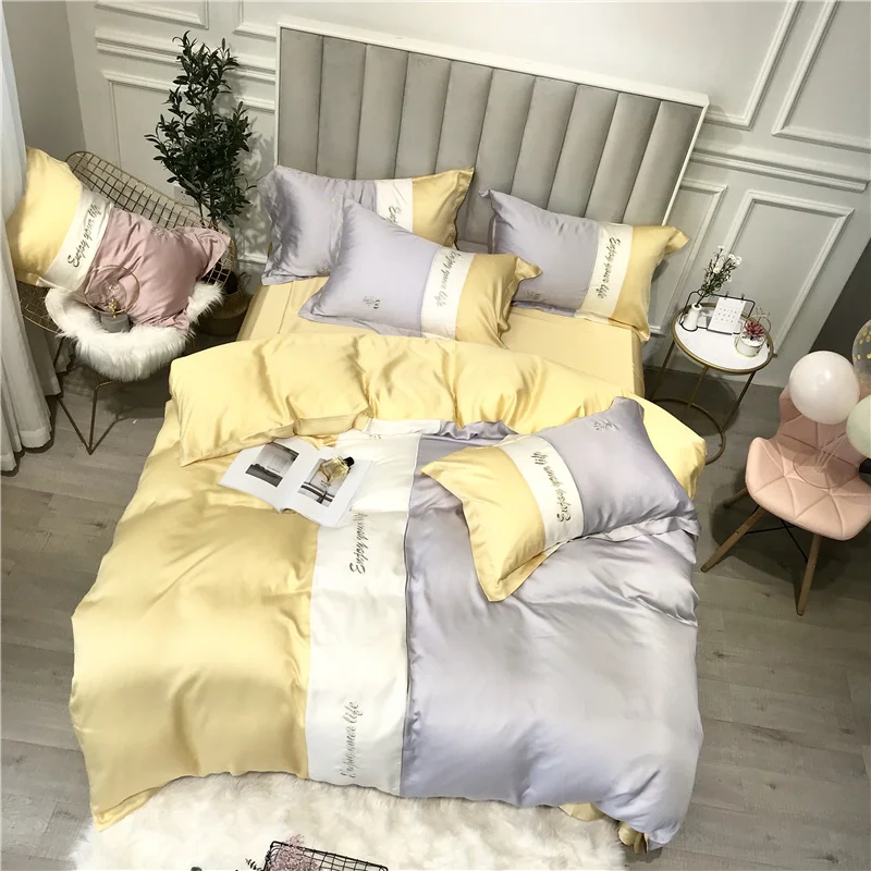 

Luxury Tencel Color stitching Bedding Set Embroidery Super soft Duvet Cover Sets Bed Sheet Pillowcases Queen King Size 4Pcs