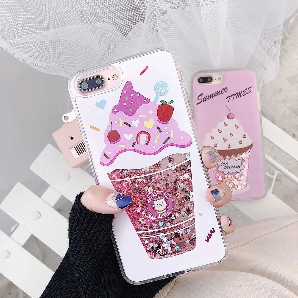 Cute girls ice cream quicksand case for iphone 7 case silicone TPU PC