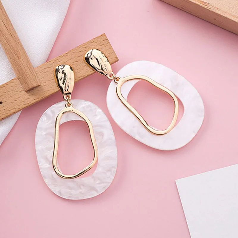 

925 Sterling Silver Acrylic Resin Shell Irregular Metal Geometric Hollow Oval Drop Earrings for Women Wedding Party Jewelry Gift