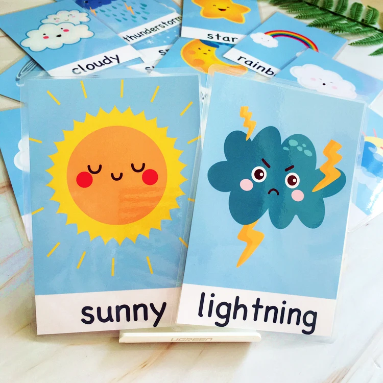 15Pcs The Weather Kids Montessori English Words Pocket Flash Cards Game Early Learning Educational Toys for Children - Цена: 527,68 руб. / lot