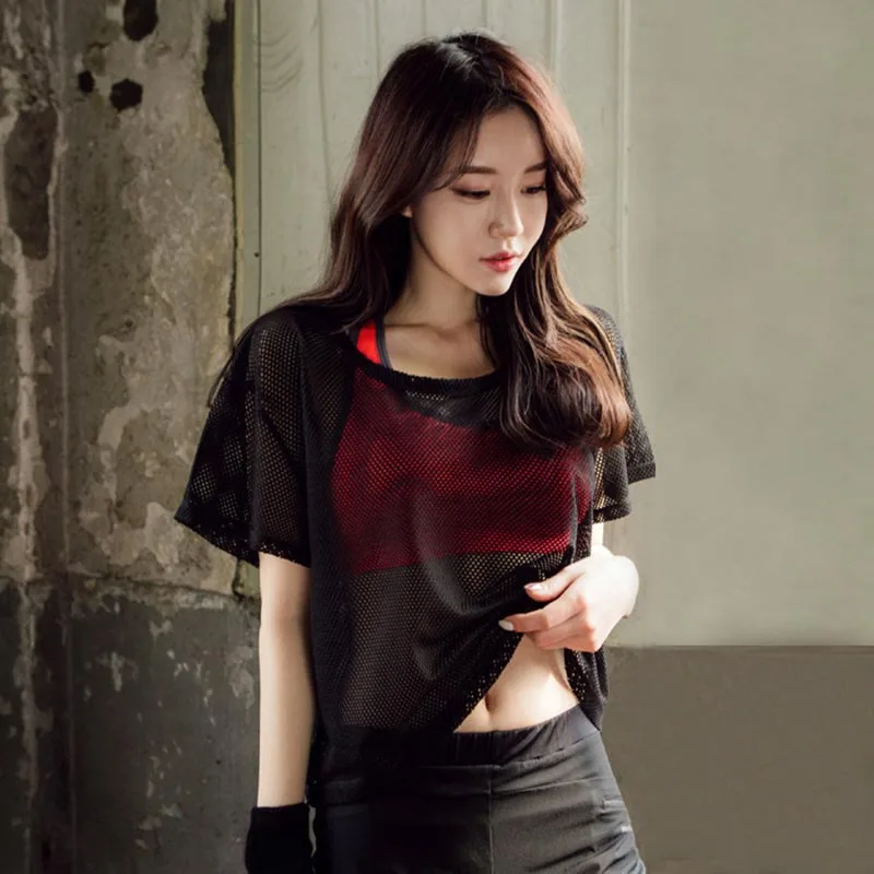 الصيف شفافة المحملة النساء قصيرة الأكمام شبكة الجوف خارج تي شيرت سريعة تجفيف قمم Femininas Clubwear