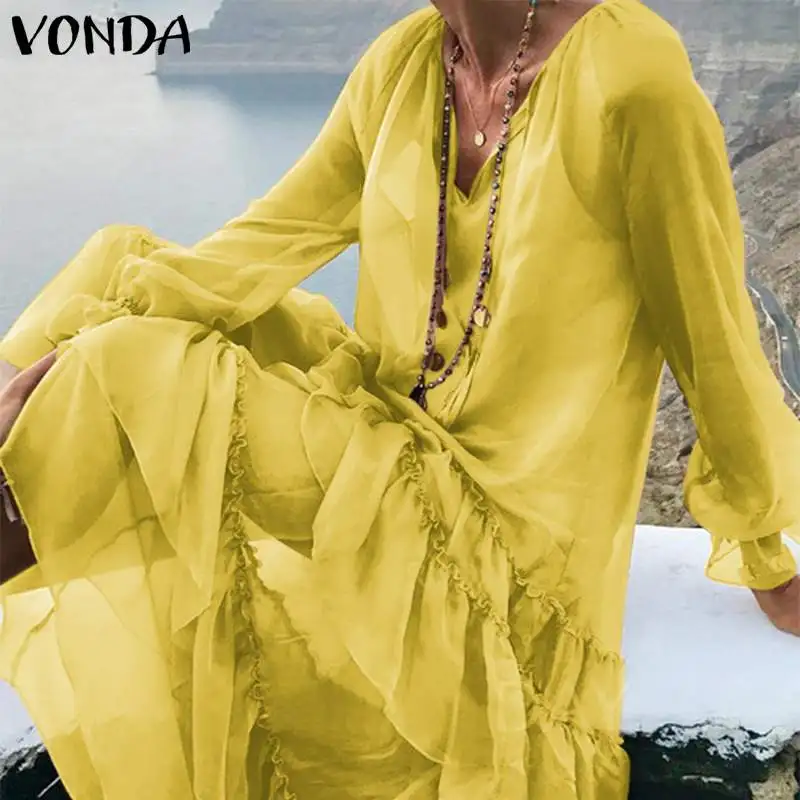 VONDA, макси платье для беременных, Robe Boheme Femme, сексуальное пляжное длинное платье, 5XL, элегантное однотонное пляжное платье размера плюс