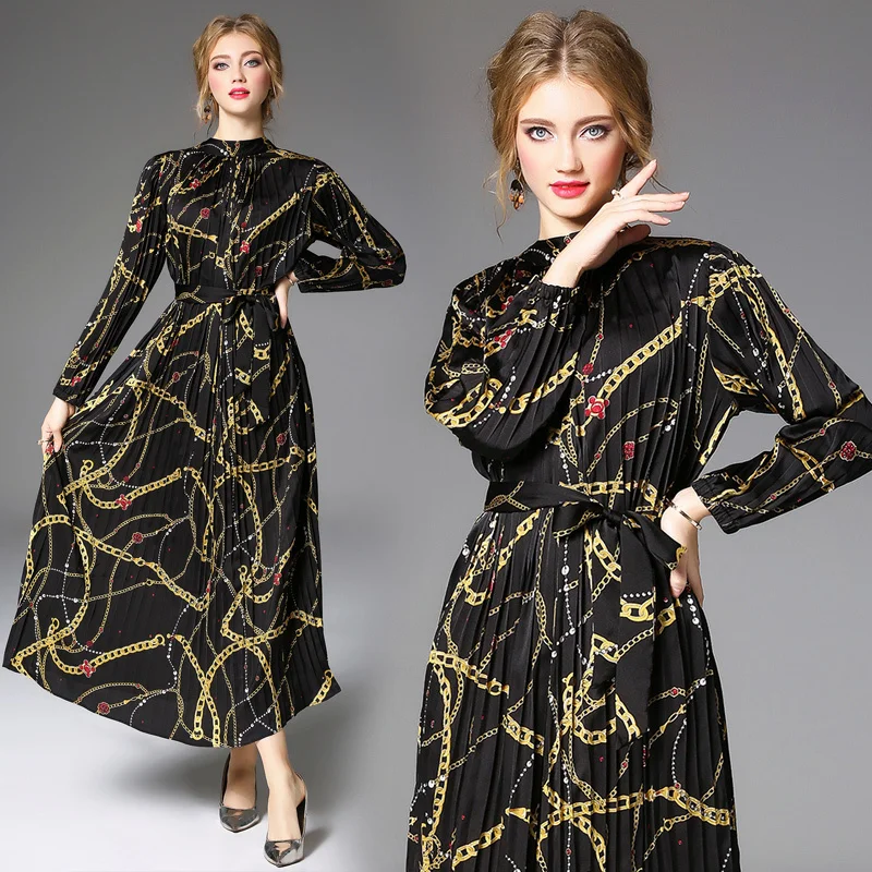 

2019 Spring Summer Fall Vintage Floral Print Collar Mock Neck Pleated Long Sleeve Women Lady Party Casual Luxury Dress