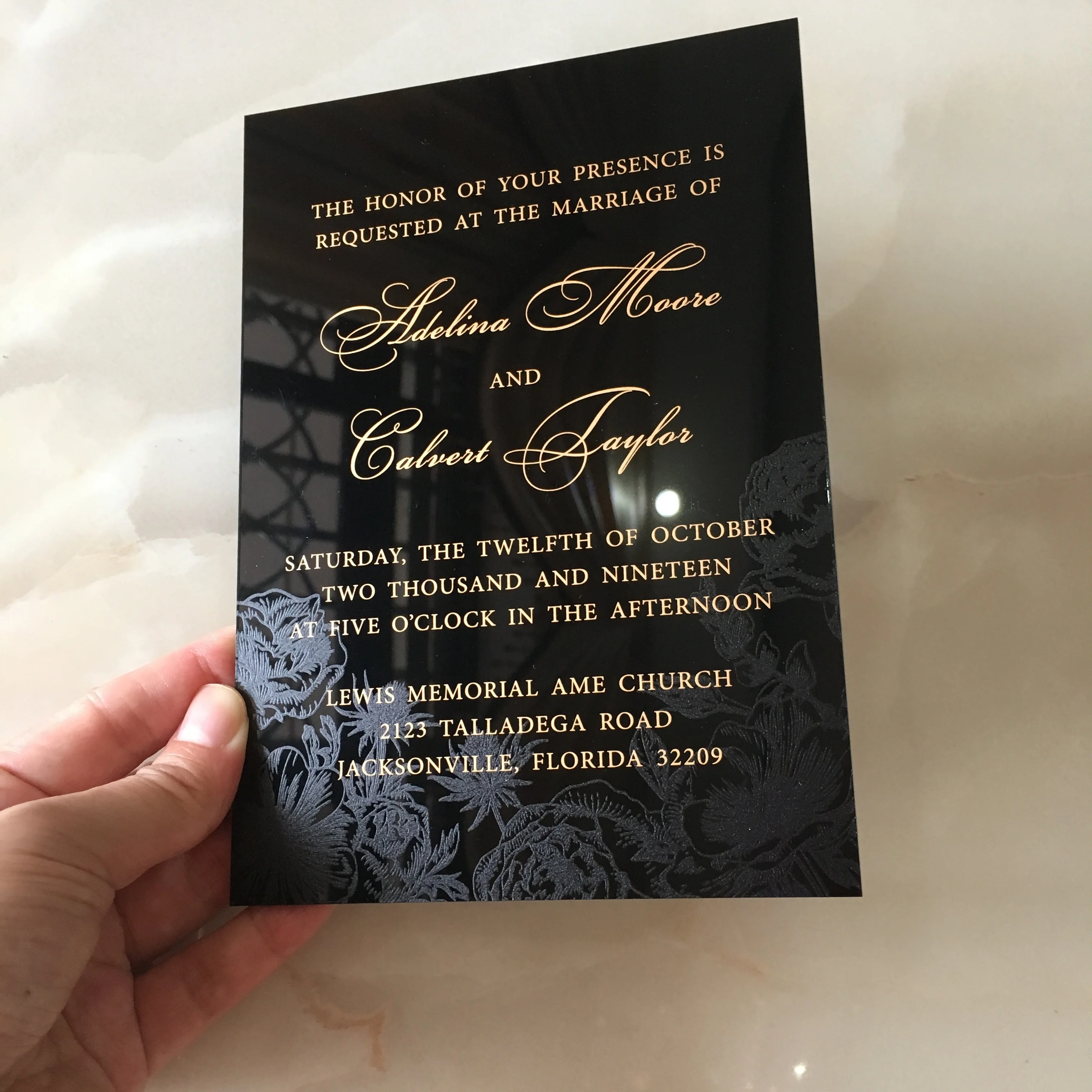  50 Pieces Per Lot New Style 5x7inch Black Acrylic Invitation Cards With Looming Rose Flower Backgro - 33024921341